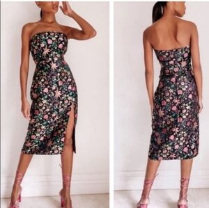 Lulu's Make a Move Black Floral Satin Jacquard Strapless Midi Dress Sz-S&XL